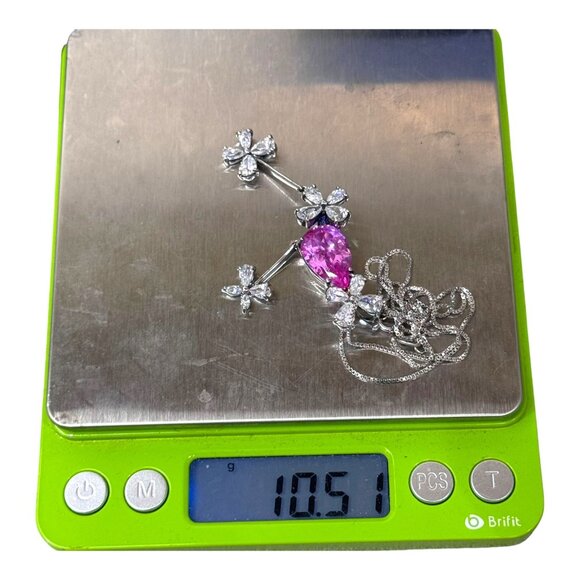 Spring Pink Sapphire & CZ Butterfly Pendant Necklace 925 Sterling Silver 18" - Picture 7 of 10